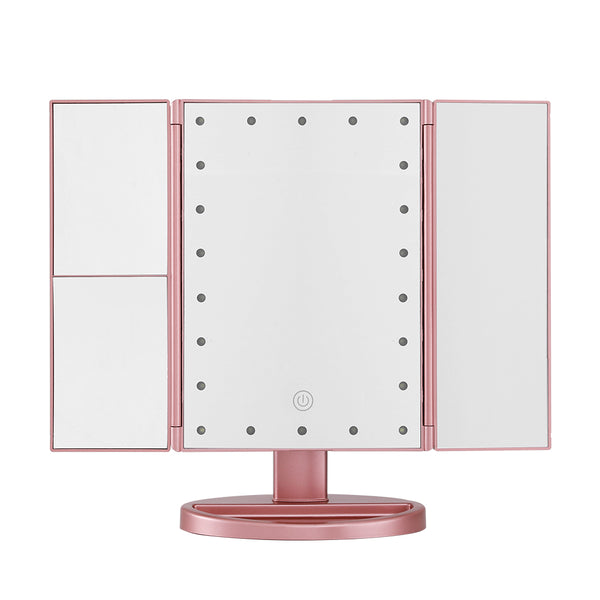Embellir Tri-fold Makeup Mirror 1X2X3X Magnifying with LED Light Travel Portable Pink