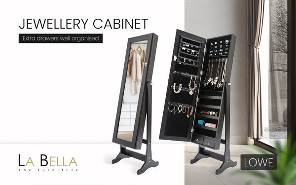 Mirror Jewellery Cabinet Organiser 2 Drawers LOWE 146cm BLACK