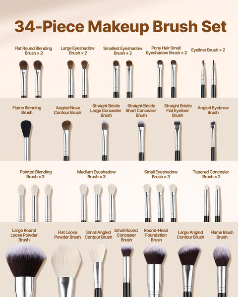 VEVOR 34-Piece Makeup Brush Set, Professional Brushes Kit for Foundation Blending Eyeshadow Concealer Blush - with Soft Bristles, Ergonomic Wood Handle, Travel-Friendly Case Included